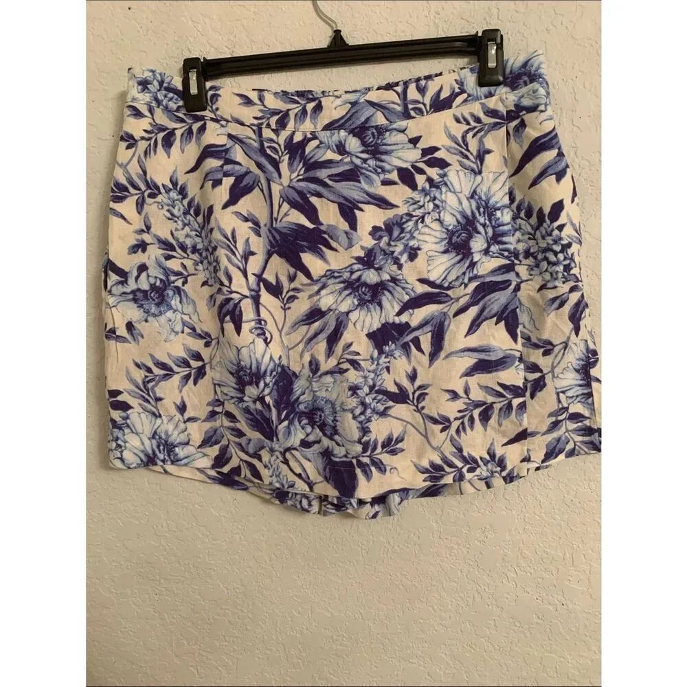 Ellen Tracy Blue and White Floral Linen Blend Skort Side Pockets Size XL